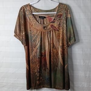 B.L.E.U. Woman Flowy Short Sleeve‎ Top Size 2X Made in USA Floral Office Plus